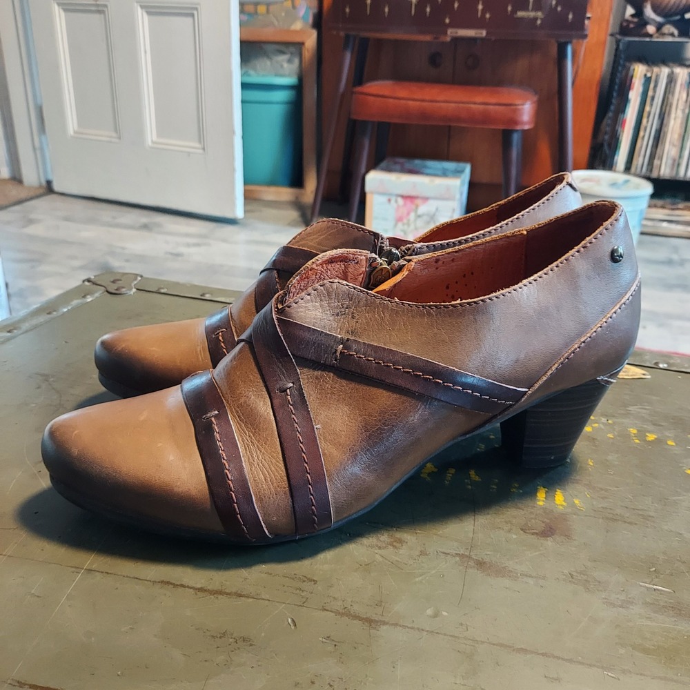 Pikolinos Brown Leather Shooties Ankle Boots Side Zip Stacked Heel Size 41